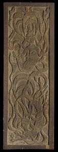 Painel com escultura em baixo relevo de apsaras budistas (madeira) de Japanese School