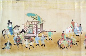 Parte da Sexta Embaixada da Coreia no Japão na época da sucessão de Tokugawa Ietsunas em 1651, possivelmente por Kano Masunobu (1625-94) 1655-57 (pintura de rolagem) de Japanese School