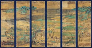 Tela (Paisagem) Pagamento em seis painéis - Trabalho anónimo, guache em seda de Japanese School