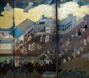 Ecrã "português": uma representação da chegada dos missionários jesuítas portugueses ao Japão, no século XVI. Detalhe. Realizado pela Escola de Kano (?). 1593-1600. Museu de Arte Antiga de Lisboa de Japanese School