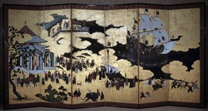 Ecrã "português" representando a chegada dos missionários jesuítas portugueses ao Japão, no século XVI. 1590-1614. Escola Kano (?) Lisboa. Museu Nacional de Arte Antiga de Japanese School