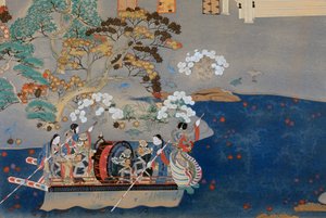 Barco a remo, ilustração para Eiga Monogatari (Story of Splendor), de Akazome Emon (ca. 956-1041). Japão de Japanese School