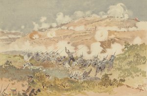 Contra-ataque russo à nossa posição em Chien-shan (chromolitho) de Japanese School