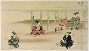 Samurai Takezaki entrega as cabeças de dois invasores mongóis a Adachi Morinume durante a invasão mongol do Japão em 1274, ilustração da revista Kokka, maio de 1921 de Japanese School