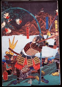 Samurai exibindo cabeças decepadas de seus inimigos em canas de bambu, sewamono (jogo doméstico) de Japanese School