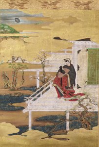 Cena do conto de Genji (cor de tinta e folha de ouro sobre papel) de Japanese School