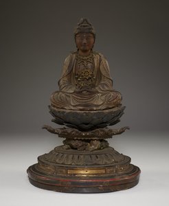 Miroku Bosatsu sentado (madeira policromada com cristal, metal e folha de ouro) de Japanese School