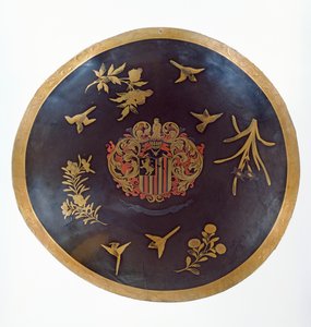 Escudo representando os rolamentos heráldicos de Constantijn Ranst, para a Companhia Holandesa das Índias Orientais, feita em Bengala e Lacada no Japão, c.1668 (couro lacado) de Japanese School
