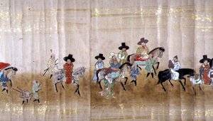 Sexta Embaixada da Coreia no Japão em Meireki 1 na época da sucessão de Tokugawa Ietsuna em 1651, possivelmente por Kano Masunobu (1625-94) (pintura scroll) (detalhe) de Japanese School