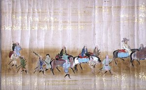 Sexta Embaixada da Coreia no Japão em Meireki 1 na época da sucessão de Tokugawa Ietsuna em 1651, possivelmente por Kano Masunobu (1625-94) (pintura scroll) (detalhe) (ver também 120832) de Japanese School