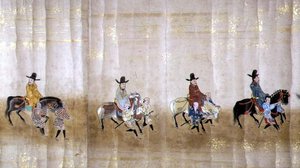 Sexta Embaixada da Coreia no Japão em Meireki 1 na época da sucessão de Tokugawa Ietsuna em 1651, possivelmente por Kano Masunobu (1625-94) (pintura scroll) (detalhe) de Japanese School