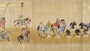 Sexta Embaixada da Coreia no Japão em Meireki 1 na época da sucessão de Tokugawa Ietsunas em 1651, possivelmente por Kano Masunobu (1625-94) (pintura de rolagem) (detalhe) de Japanese School