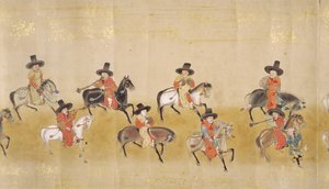 Sexta Embaixada da Coreia no Japão em Meireki 1 na época da sucessão de Tokugawa Ietsunas em 1651, possivelmente por Kano Masunobu (1625-94) (pintura de rolagem) (detalhe) de Japanese School