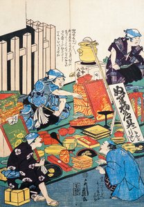 Fique de pé com caixas, ventiladores, livros e kakemonos de Japanese School