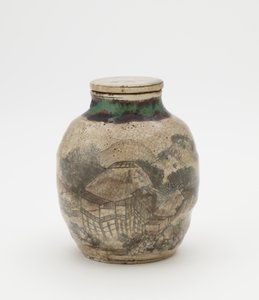 Jarra de folhas de chá para sencha, com tampa correspondente, utensílios relacionados a Kyoto, jarra de folhas de chá (sencha tsubo) de Japanese School
