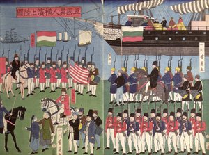 A chegada do esquadrão do Comodoro Perry em um porto japonês em 1853 (impressão em xilogravura a cores) de Japanese School