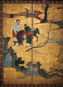 A visita da corte dos quatro sábios do monte Shang; Su Shis visita ao vento e caverna de água, detalhe de um par de telas dobráveis de seis painéis, Momoyama período (wc e ouro no papel) de Japanese School