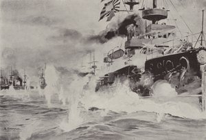 O Mikasa luta corajosamente contra o esquadrão russo ao largo de Port Arthur a 10 de Agosto (litho) de Japanese School