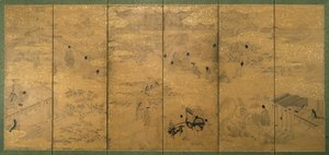 O conto de Genji, do final do século XVII ao início do século XVIII (tinta com pigmento e folha de ouro sobre papel de mica) (par de 171423) de Japanese School