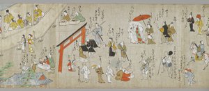 Os Pergaminhos do Santuário Tenjin (um de um par) (detalhe), Escola Tosa, do século XVII (tinta, cor e papel gofun no papel) (ver também 5846317) de Japanese School