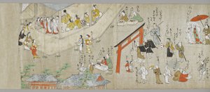 Os Pergaminhos do Santuário Tenjin (um de um par) (detalhe), Escola Tosa, do século XVII (tinta, cor e papel gofun no papel) (ver também 5846316) de Japanese School