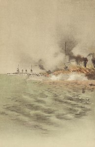 A Varyag pegou fogo à sua própria tripulação para impedir a captura em Chemulpo (chromolitho) de Japanese School
