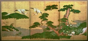 Dois guindastes mergulhando atrás de pinho e rockwood, período Edo de Japanese School