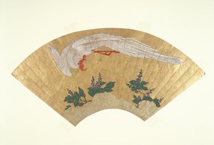 Ventilador desmontado: Mergulho de pássaros em bambu coberto de neve, c.1700-60 (ouro e wc no papel)