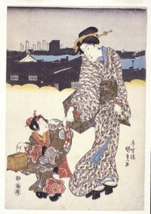 Sem título (Uma mulher e uma criança) (xilogravura colorida) de Japanese School