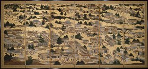 Vistas de Quioto e arredores (Rakuchu rakugai zu), ca.1616-24 (tinta, cor e folha de ouro sobre papel) de Japanese School