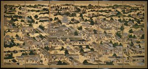 Vistas de Quioto e arredores (Rakuchu rakugai zu), ca.1616-24 (tinta, cor e folha de ouro sobre papel) de Japanese School