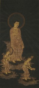 Aconchegante descida da tríade Buda de Amida (ouro e cor em seda tingida de índigo) de Japanese School