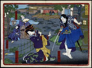 Mulher em quimono e samurai - em "A vingança dos 47 ronins" do século XIX: Série Kabouki de Japanese School