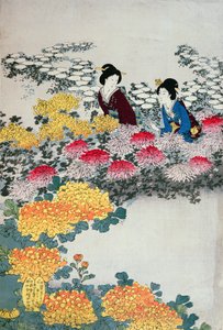 Mulheres em um jardim florido (impressão de woodblock de cor)