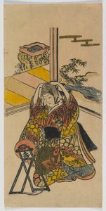 Mulher jovem, ajoelhando, ao lado, um, espelho, Edo, período, 1720s, (color woodblock, print) de Japanese School