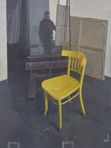 Interior de estúdio com cadeira amarela, 2023 (óleo sobre tela)
