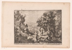 Paisagem com história do Bom Samaritano: o sacerdote e o levita passam a vítima e deixam-na ali deitada
História do Bom Samaritano (título da série) de Jaspar de Isaac (attributed to)