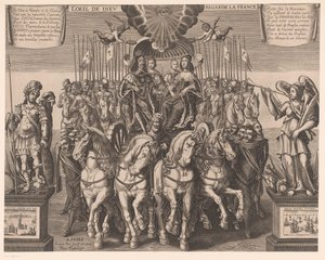 Luís XIII e Ana da Áustria com o Delfim e o Duque de Anjou em uma carruagem puxada por quatro cavalos L