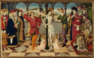 O açoitamento de Cristo perante Pôncio Pilatos. Detrempe na madeira por Jaume (= Jaime) Huguet o Ancião (1415-1492). Dim. 0,92 x 1,56 m.