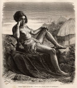 Mulher nativa de Taio-Hae (ou Taio Hae), no arquipélago dos Marqueses, mostrando as suas pernas tatuadas, gravada após um desenho de A.Rixens ilustrando as memórias do Pacífico, em 1872-1874, por A.Pailhes, um cartaz de navio, publicado em "Le t