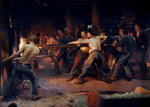 Fundições operárias trabalhando em uma planta metalúrgica. Pintura de Jean Rixens