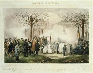 O Funeral de Louis-Alexandre Dechet (Jenneval) (1801-30) e seus companheiros que morreram no campo de honra, 24 de outubro de 1830, gravado por Dewasme-Pletinckx de Jean Baptiste (after) Madou