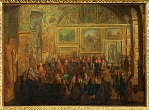 Vista do Salão de Diane no Louvre; uma sessão da Academia de Pintura ... de Jean Baptiste (after) Martin