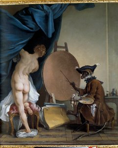 O Pintor Monker. Óleo sobre tela, 0,89 x 0,62 m. - O macaco pintor. Pintura de Jean Baptiste Deshays (1729 - 1765)