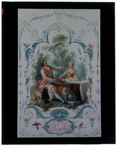 Zwei dekorative Paneele mit Liebespaaren mit den Titeln "Das Picknick" und "Der Toast" von Jean-Baptiste Huet