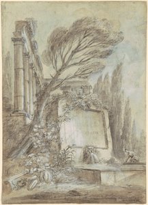 Fantasia arquitetónica de ruínas romanas com uma placa de inscrição, c.1768 (tinta castanha sobre papel)