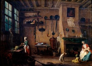 Interior da cozinha no século XVIII. Um cozinheiro prepara uma refeição. No fundo vemos os utensílios de cozinha pendurados ao longo da parede. Pintura de Jean Baptiste Lallemand (1710-1803) Dijon do século XVIII, Museu de Belas Artes