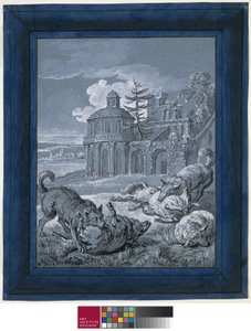 Wolves Attacking Sheep (Rein de Trop II) 1732 (caneta e tinta com aguado e guache sobre papel) de Jean Baptiste Oudry