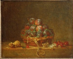 Um cesto com ameixas, nozes, groselhas e cerejas (pintura sobre tela) de Jean-Baptiste Simeon Chardin