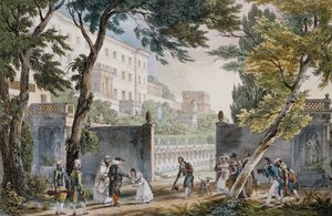 Cena galante à entrada da villa em Roma, ca. 1820, gravura de Jean-Baptiste Thomas (1791.1833) de Jean Baptiste Thomas